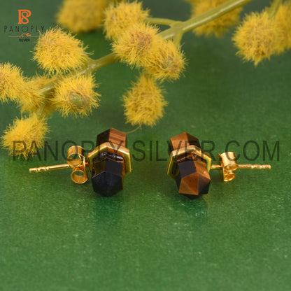 Tiger Eye Yellow Terminated Pencil Cut 925 Silver Earrings