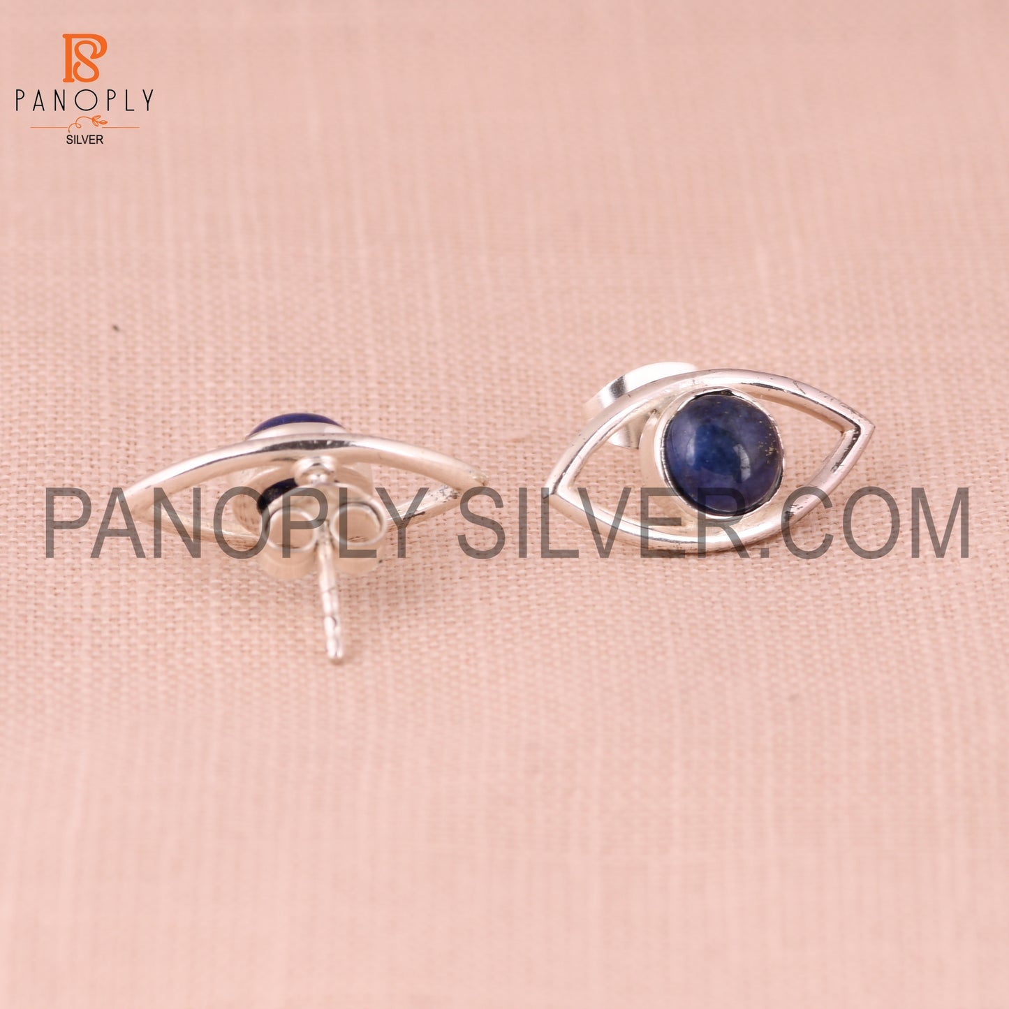 Lapis Gemstone 925 Fine Silver Eye Design Stud Earrings