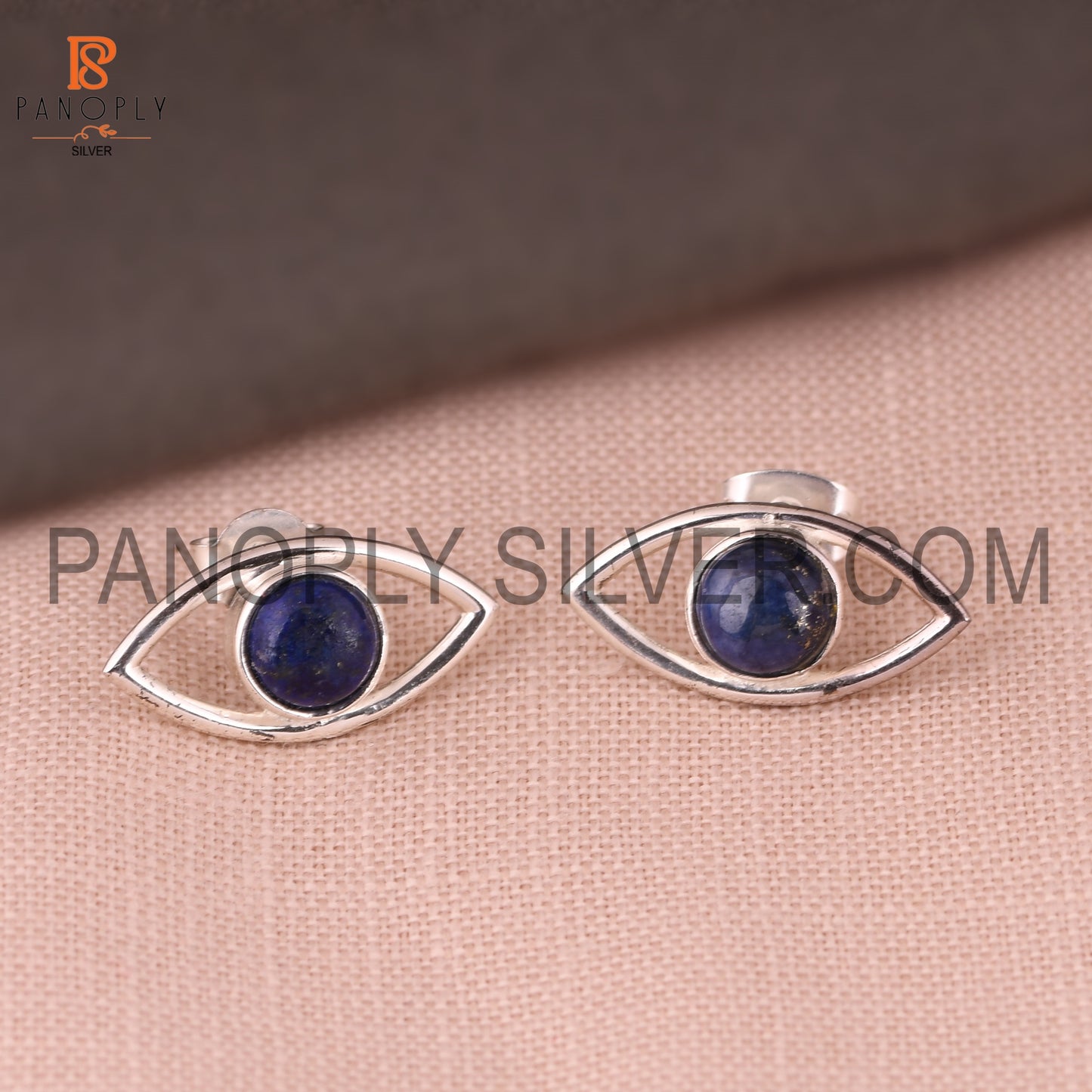 Lapis Gemstone 925 Fine Silver Eye Design Stud Earrings