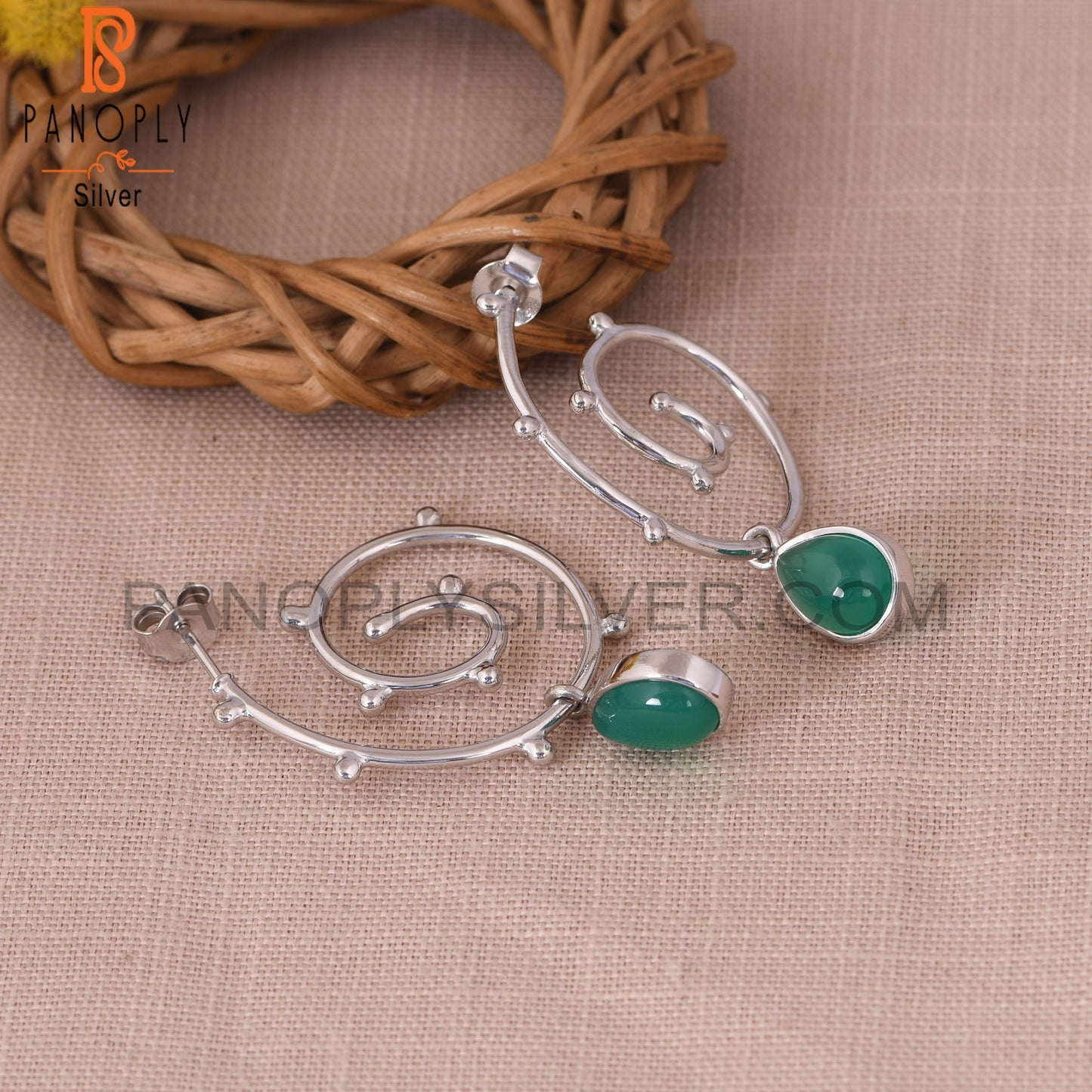 Hurricane 925 Sterling Silver Green Onyx Cyclone Earrings