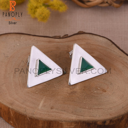 Green Onyx Gem 925 Sterling Silver Triangular Stud Earrings