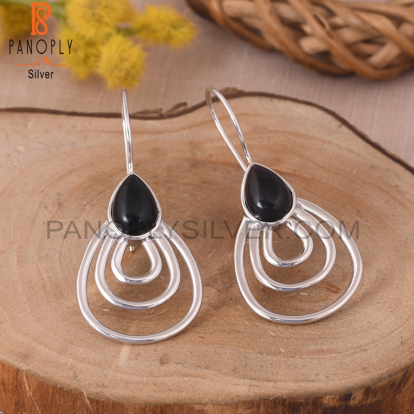 Genuine Black Onyx 925 Silver Concentric Hoop Earrings