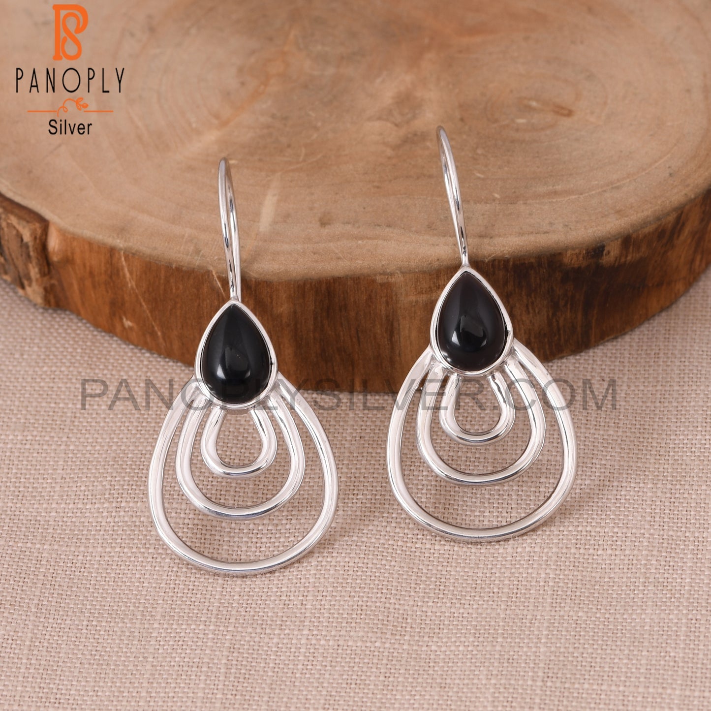 Genuine Black Onyx 925 Silver Concentric Hoop Earrings