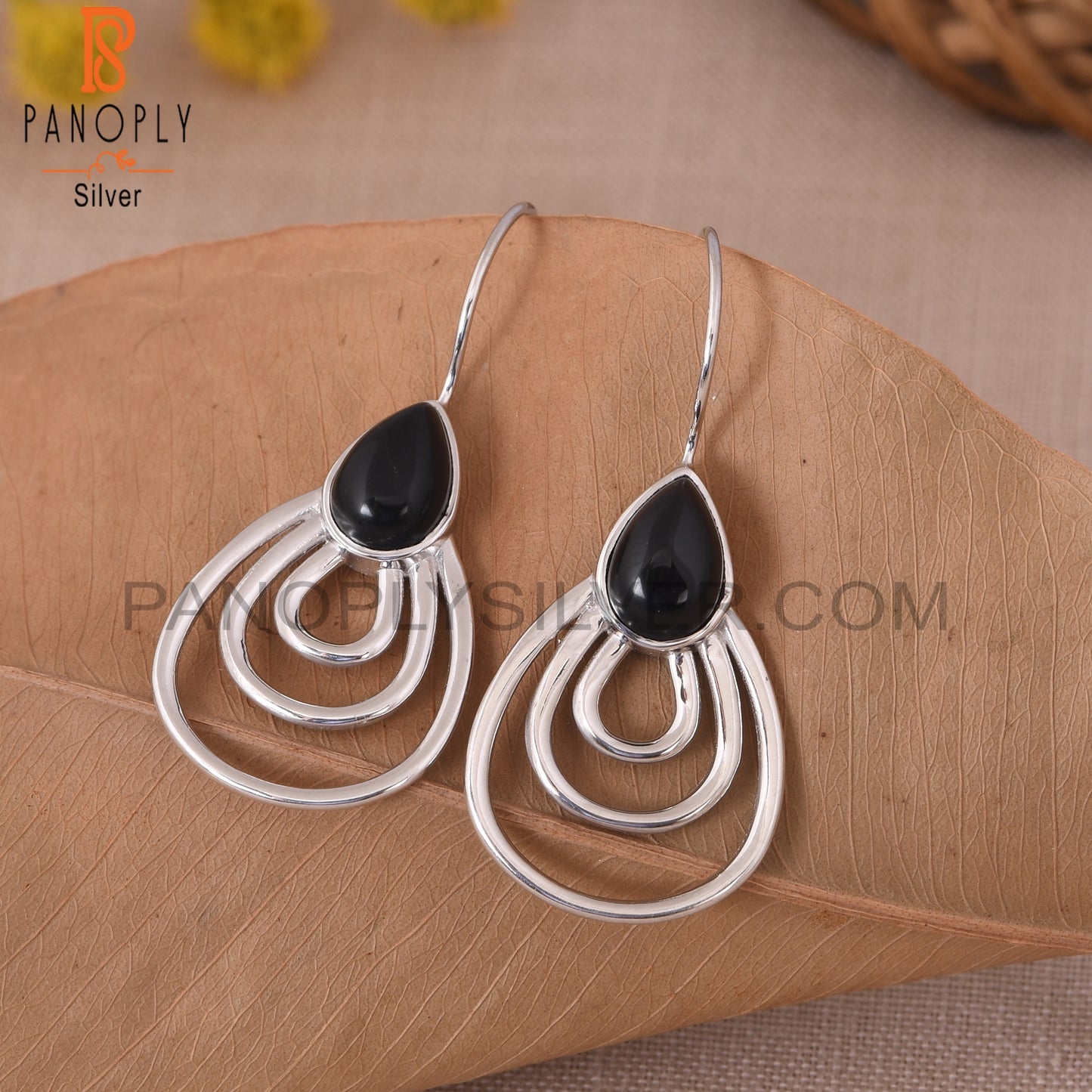 Genuine Black Onyx 925 Silver Concentric Hoop Earrings