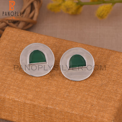 Green Onyx 925 Silver D Shape Stud Earrings For Women