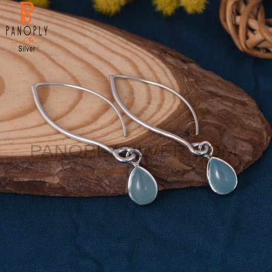 Aqua Chalcedony 925 Silver Dangle Hook Earrings