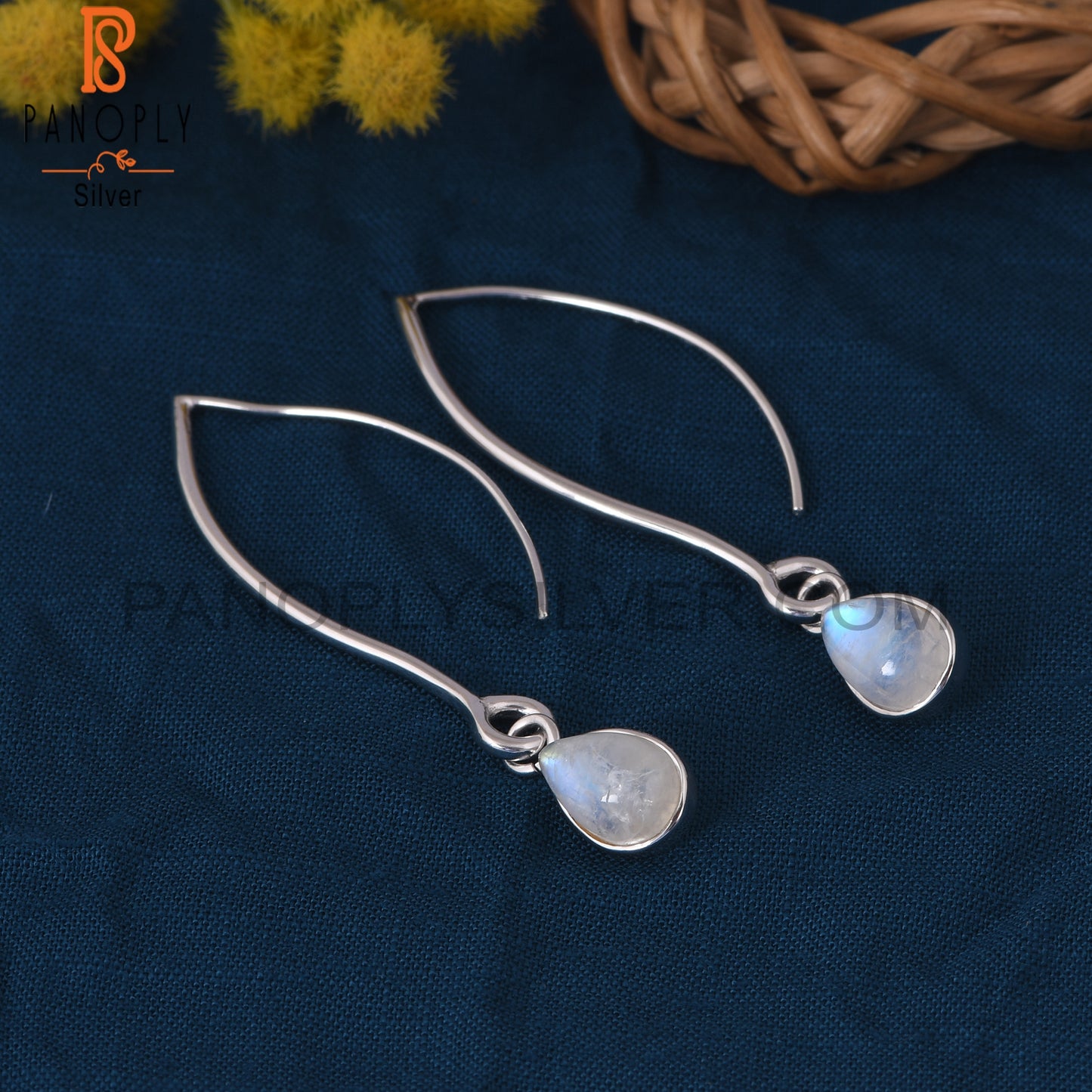 Natural Rainbow Moonstone 925  Silver Dangle Hoop Earrings