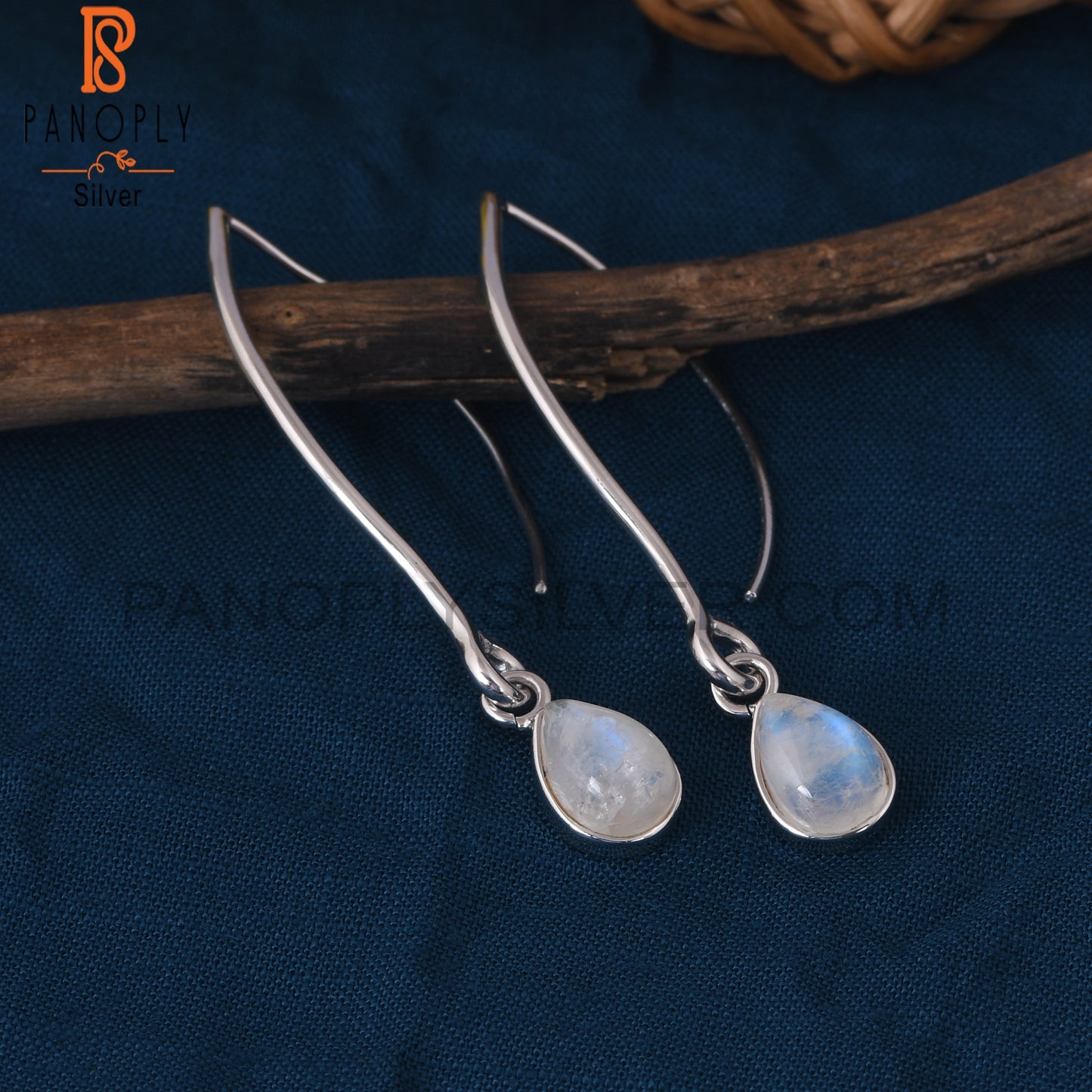 Natural Rainbow Moonstone 925  Silver Dangle Hoop Earrings