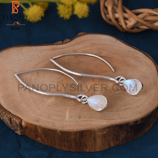 Natural Rainbow Moonstone 925  Silver Dangle Hoop Earrings