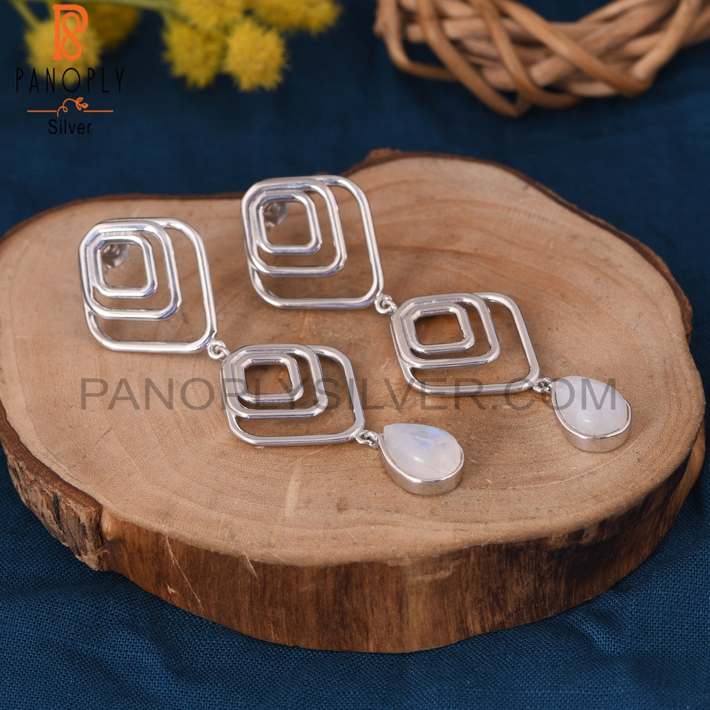 Rainbow Moonstone 925 Silver Square Earring Custom Jewelry