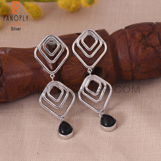 Black Onyx Gemstone 925 Silver White Rhoudim Plated Earrings