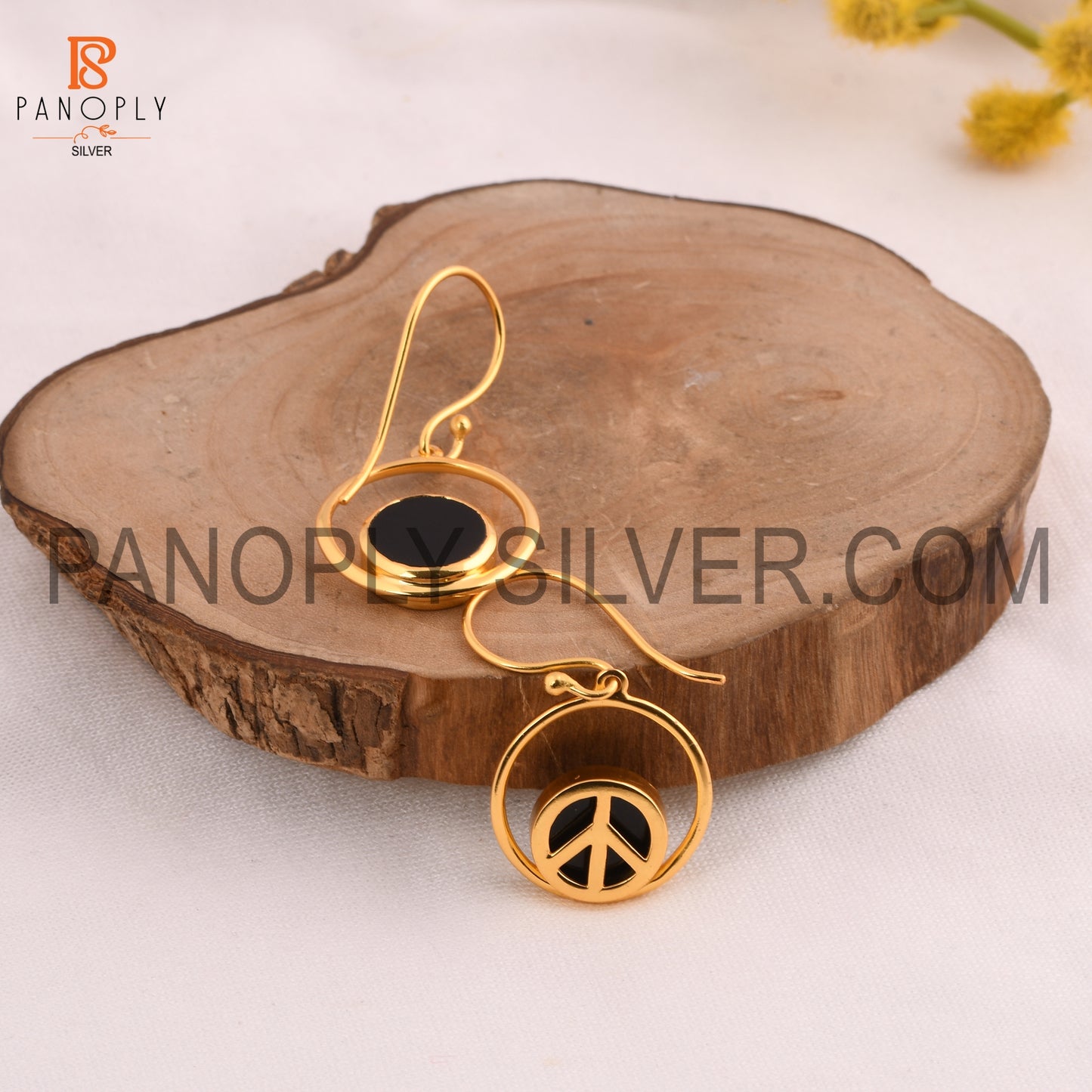 Black Onyx Gems Peace Symbol Ear Dangle Earring Women