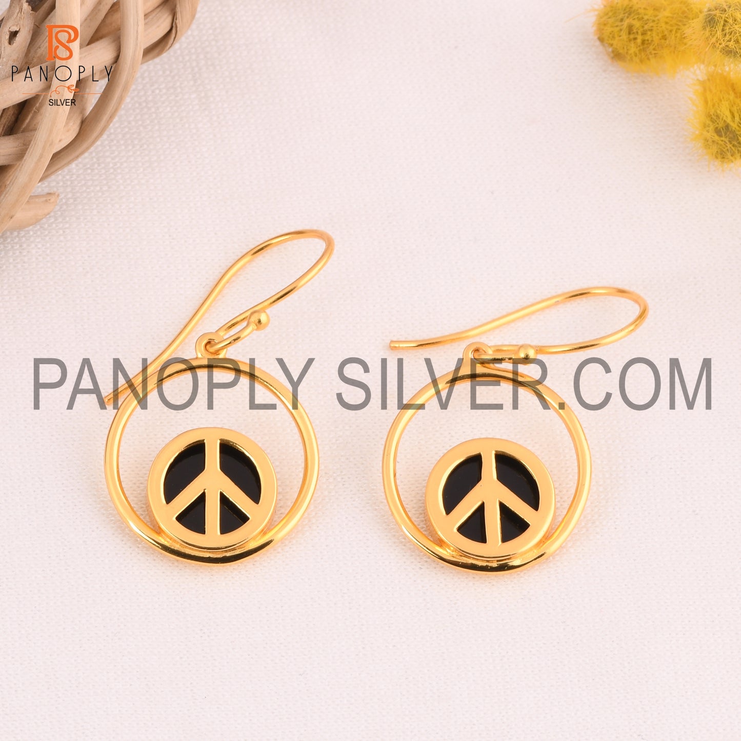 Black Onyx Gems Peace Symbol Ear Dangle Earring Women