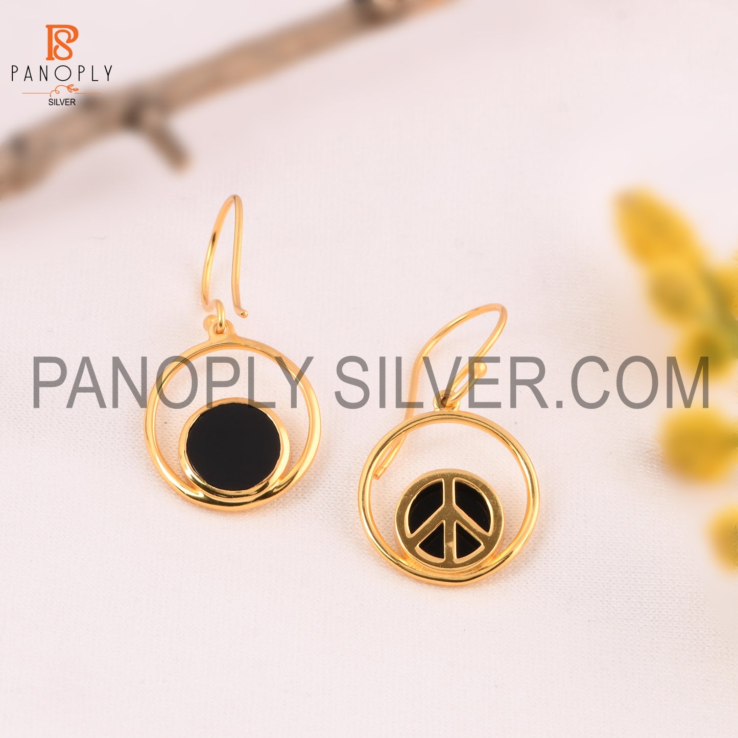 Black Onyx Gems Peace Symbol Ear Dangle Earring Women