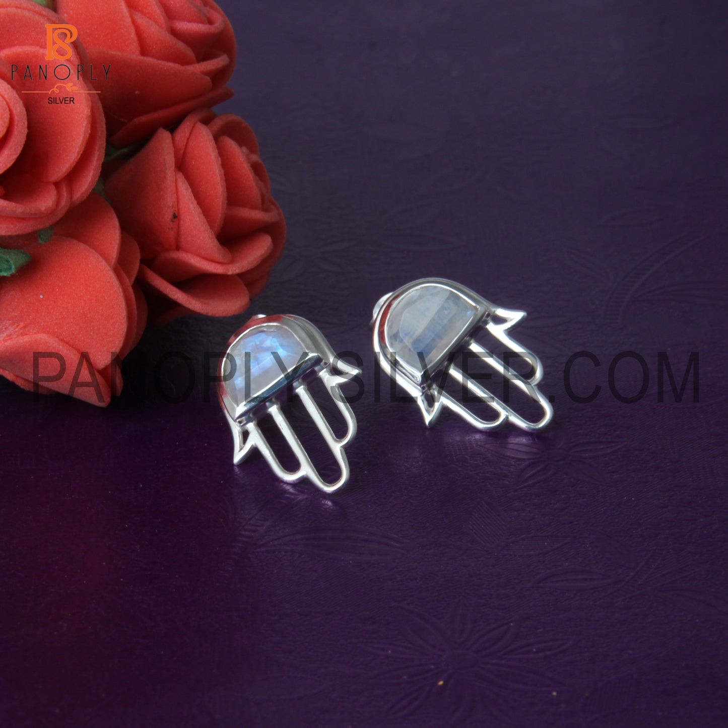 Rainbow Moonstone 925 Silver Hamsa Symbol Stud Earrings