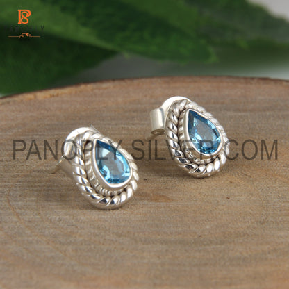 Blue Topaz Gemstone Pear Cut Female Stud Earrings