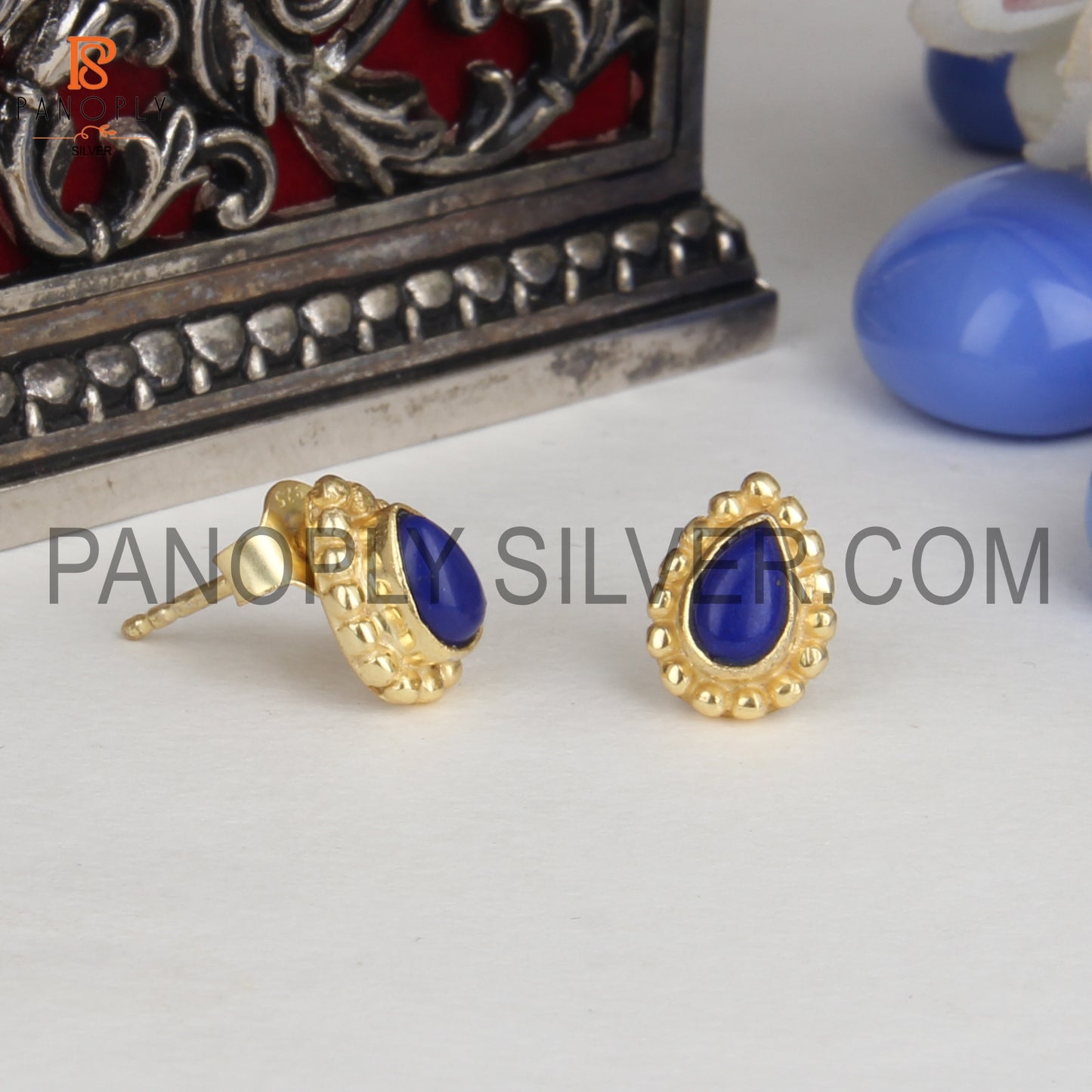 Blue Gem Pear Shape Lapis Female Gold Plated Stud Earrings