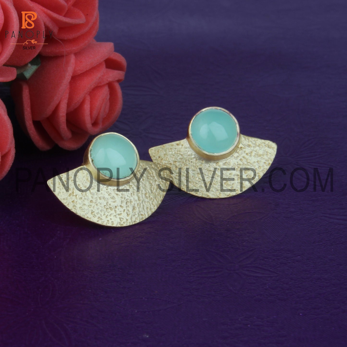 925 Sterling Silver Fan Design Texture Chalcedony Earring