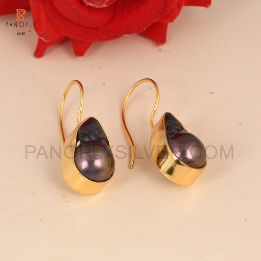 Gray Pearl Gemstone Gold Earrings For Women