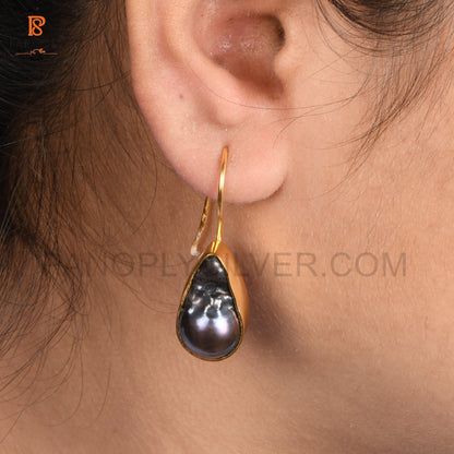 Gray Pearl Gemstone Gold Earrings For Women