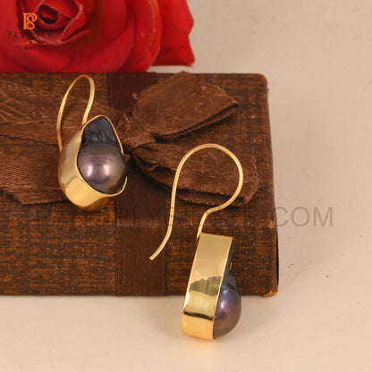 Gray Pearl Gemstone Gold Earrings For Women