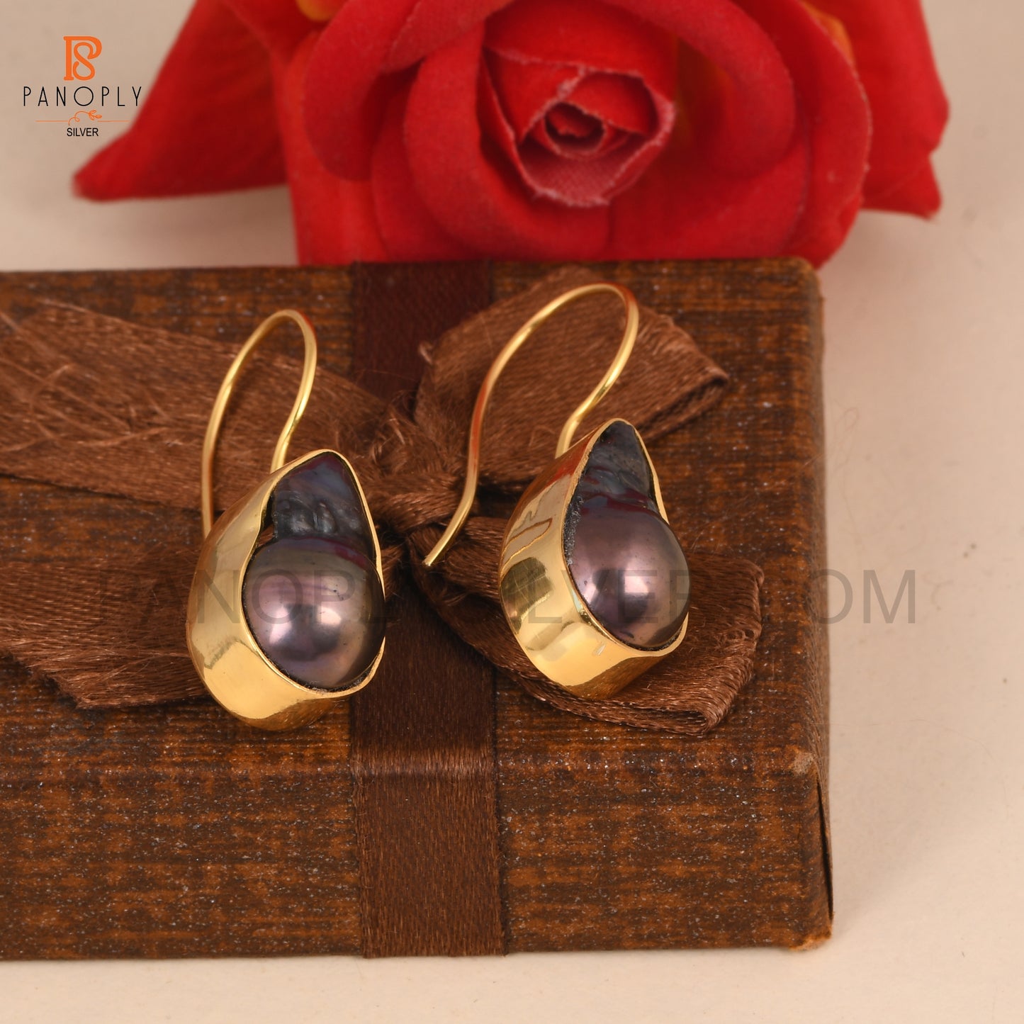 Gray Pearl Gemstone Gold Earrings For Women