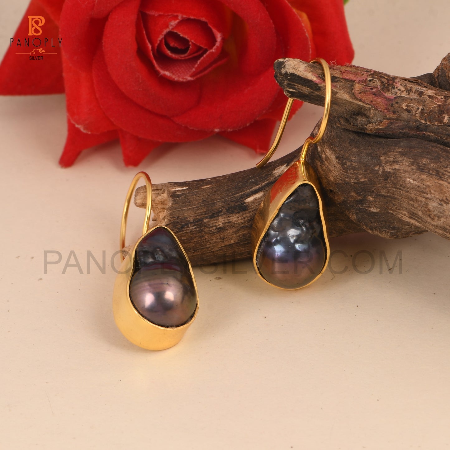 Gray Pearl Gemstone Gold Earrings For Women