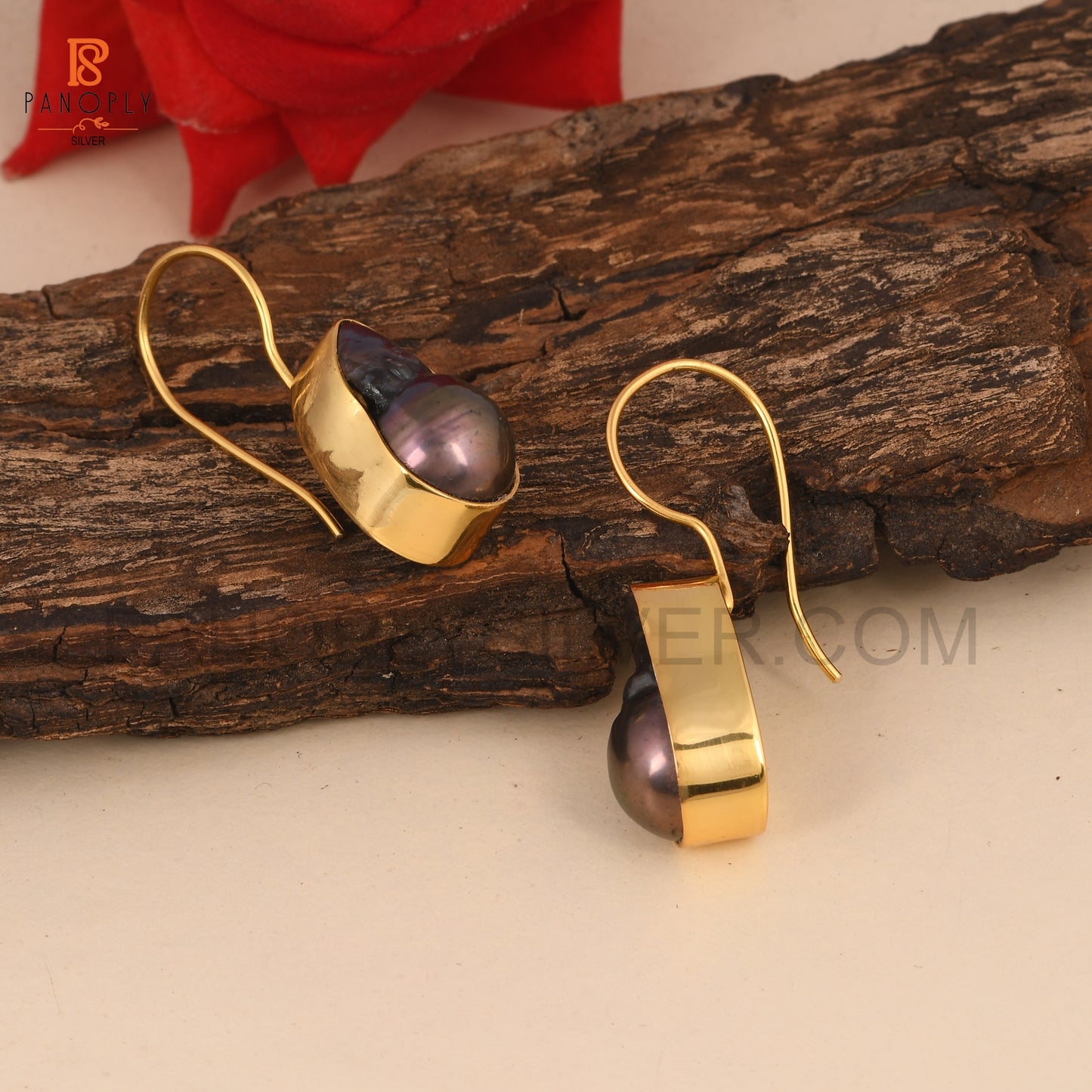 Gray Pearl Gemstone Gold Earrings For Women