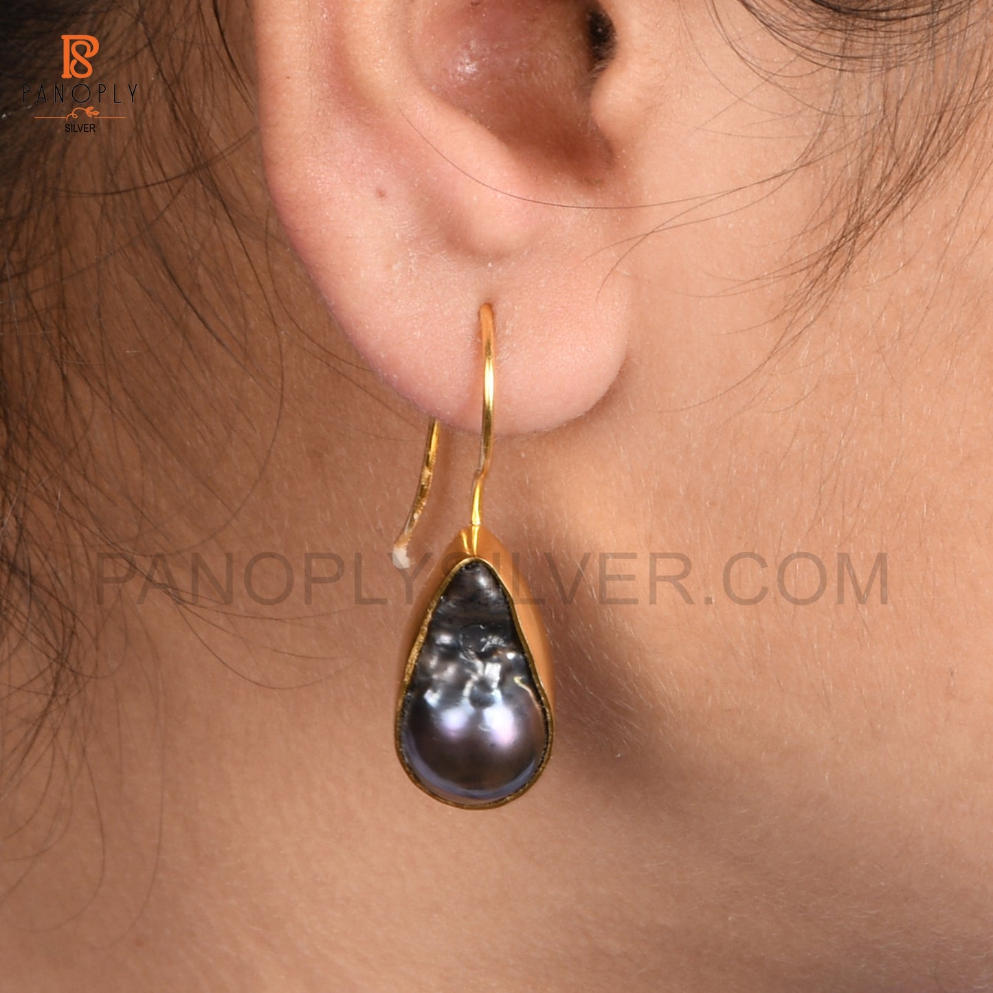 Gray Pearl Gemstone Gold Earrings For Women