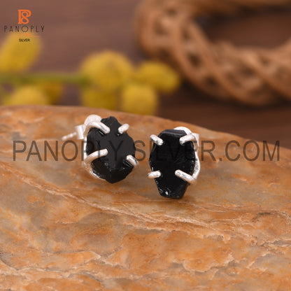 Rough Black Obsidian Gem Silver Prong Earring