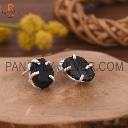 Rough Black Obsidian Gem Silver Prong Earring