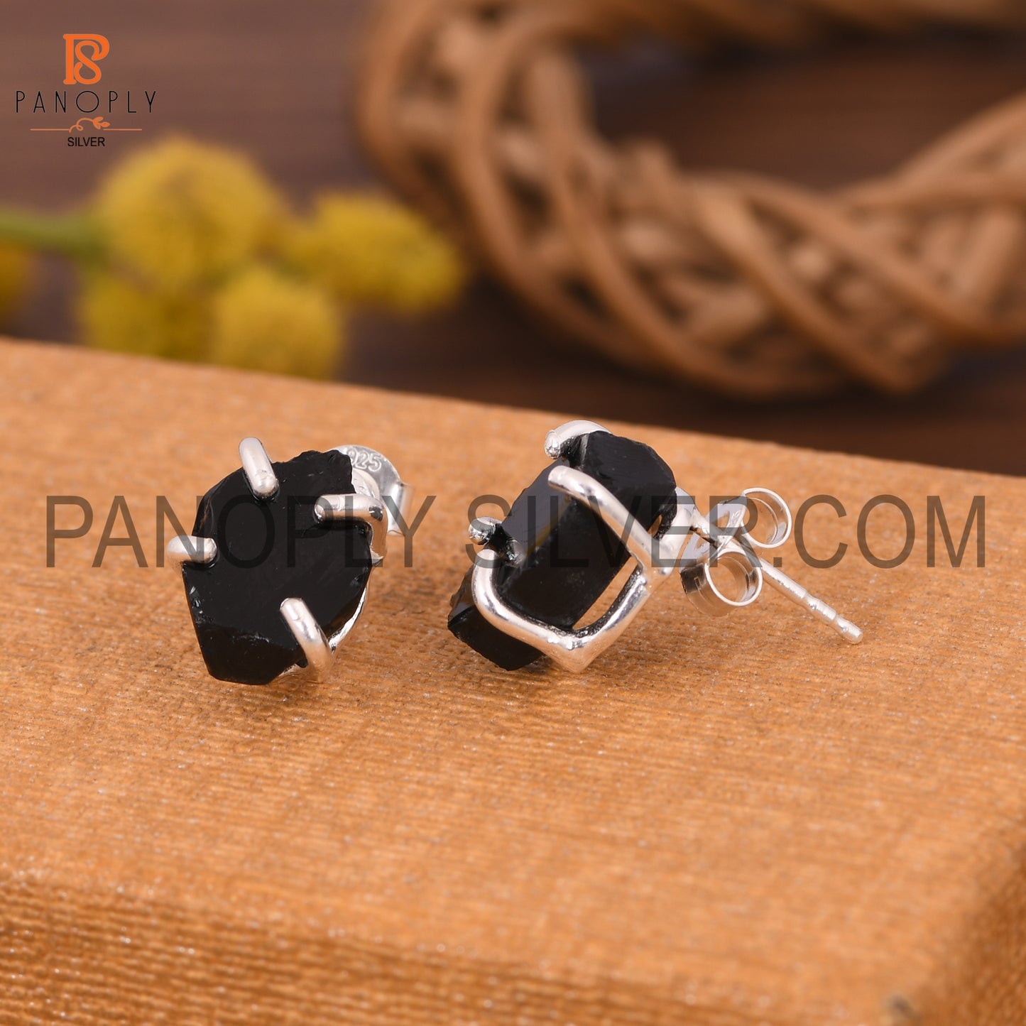 Rough Black Obsidian Gem Silver Prong Earring