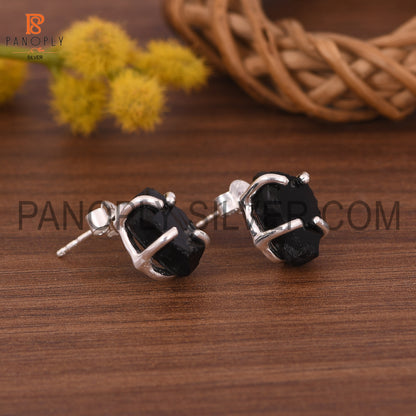 Rough Black Obsidian Gem Silver Prong Earring