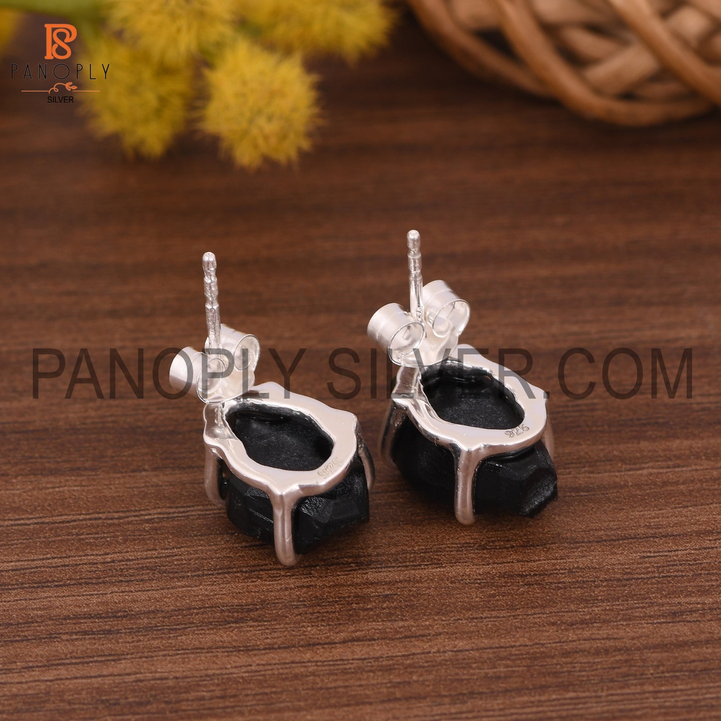 Rough Black Obsidian Gem Silver Prong Earring