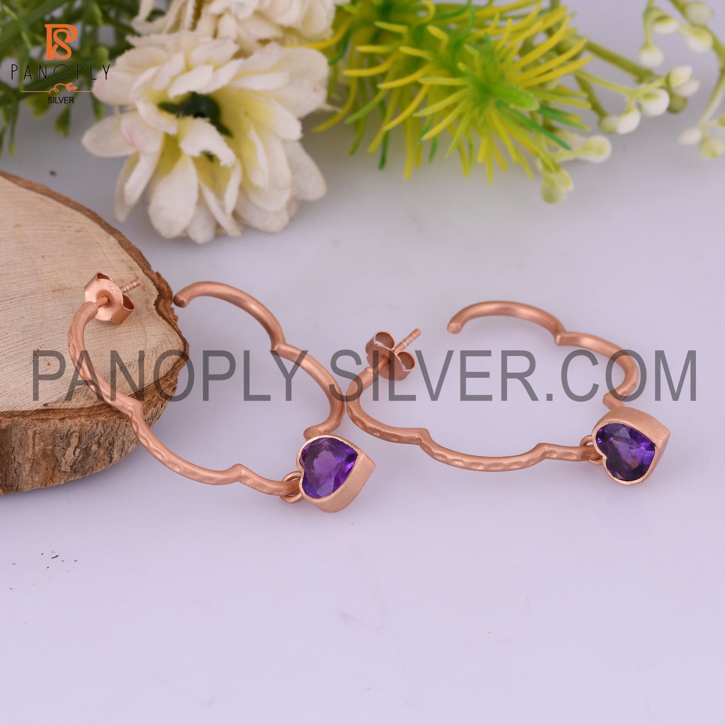 Amethyst Gem February Rose Gold Hoop Earring