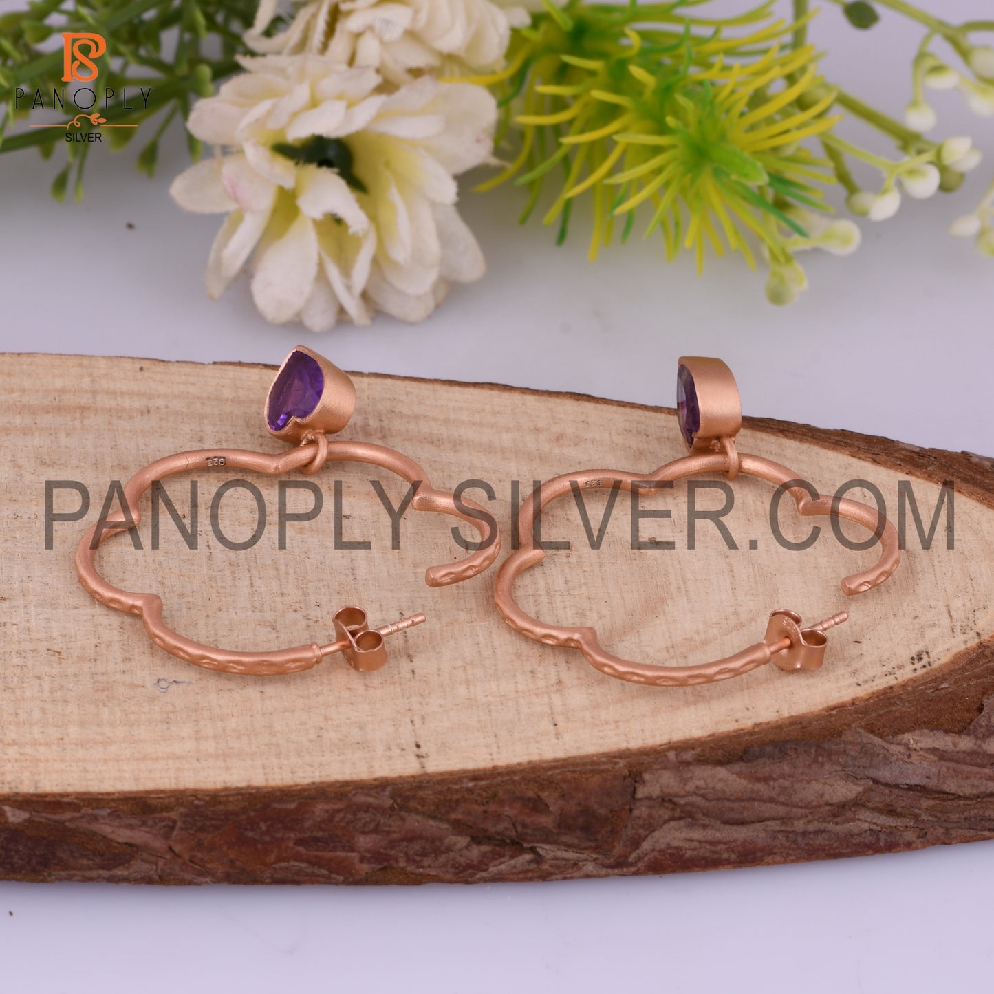 Amethyst Gem February Rose Gold Hoop Earring