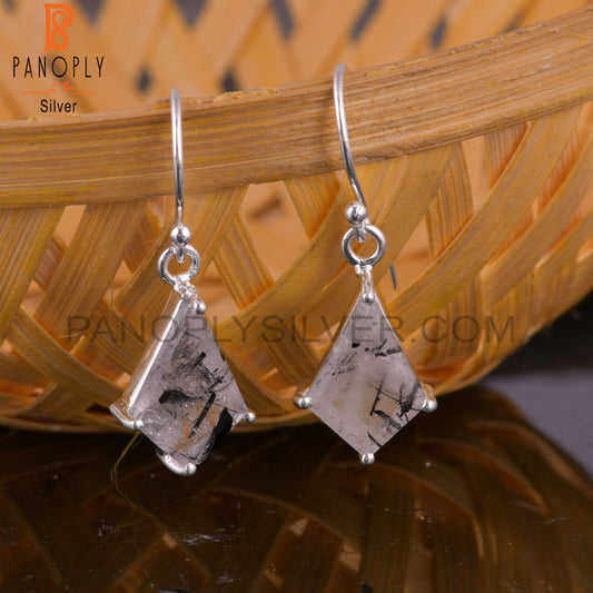 Black Rutile Set Fine Silver Kite Shape Drop Earrings