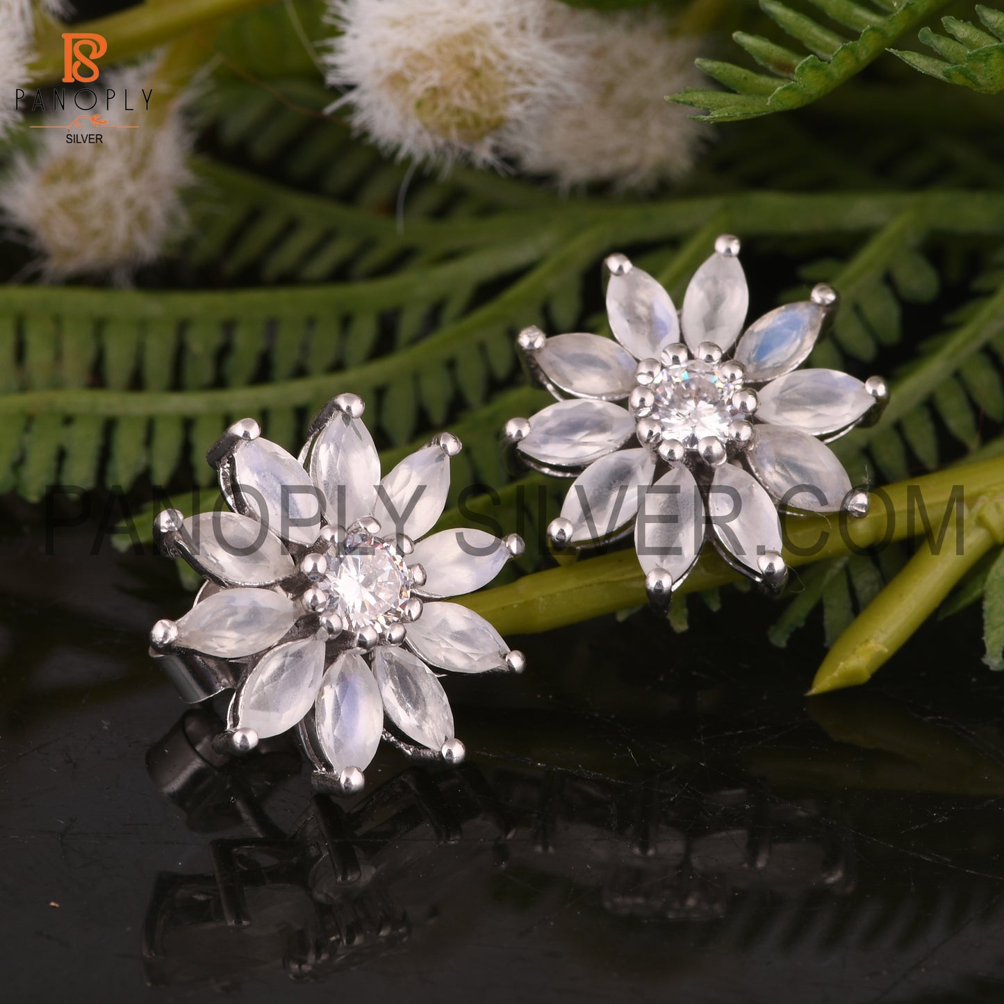 Cz And Rainbow Moonstone Set Fine Silver Floral Earrings For Women