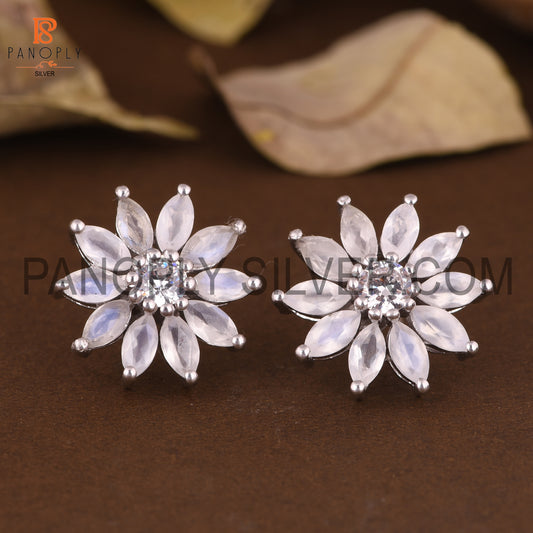 Cz And Rainbow Moonstone Set Fine Silver Floral Earrings For Women