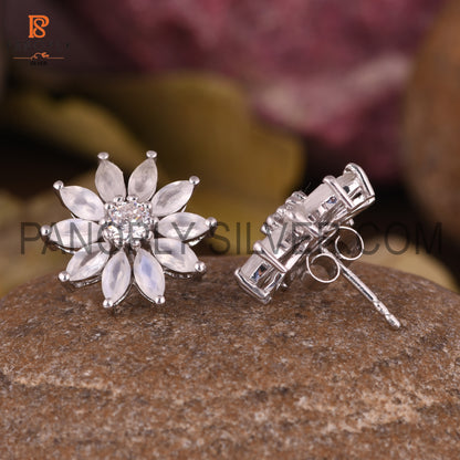 Cz And Rainbow Moonstone Set Fine Silver Floral Earrings For Women