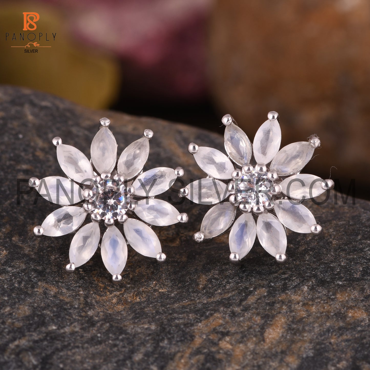 Cz And Rainbow Moonstone Set Fine Silver Floral Earrings For Women