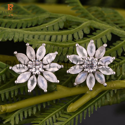 Cz And Rainbow Moonstone Set Fine Silver Floral Earrings For Women