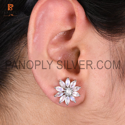 Cz And Rainbow Moonstone Set Fine Silver Floral Earrings For Women