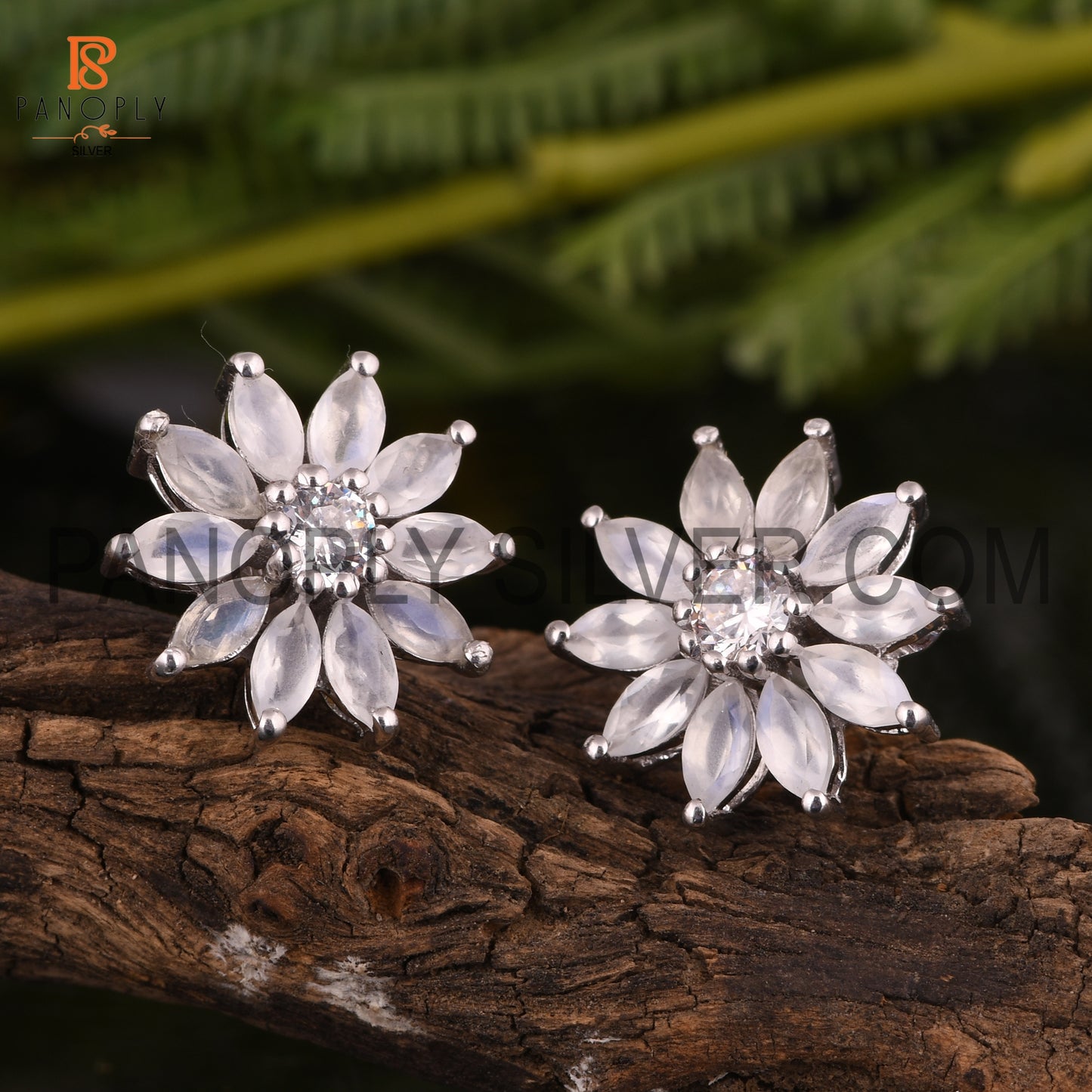 Cz And Rainbow Moonstone Set Fine Silver Floral Earrings For Women