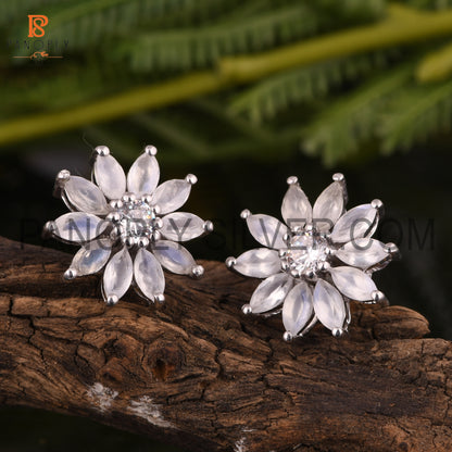 Cz And Rainbow Moonstone Set Fine Silver Floral Earrings For Women