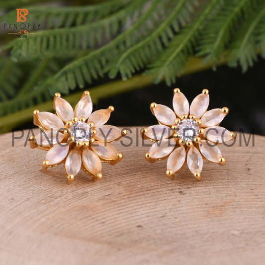 Cz, Rainbow Moonstone 18K Gold On Silver Floral Earrings