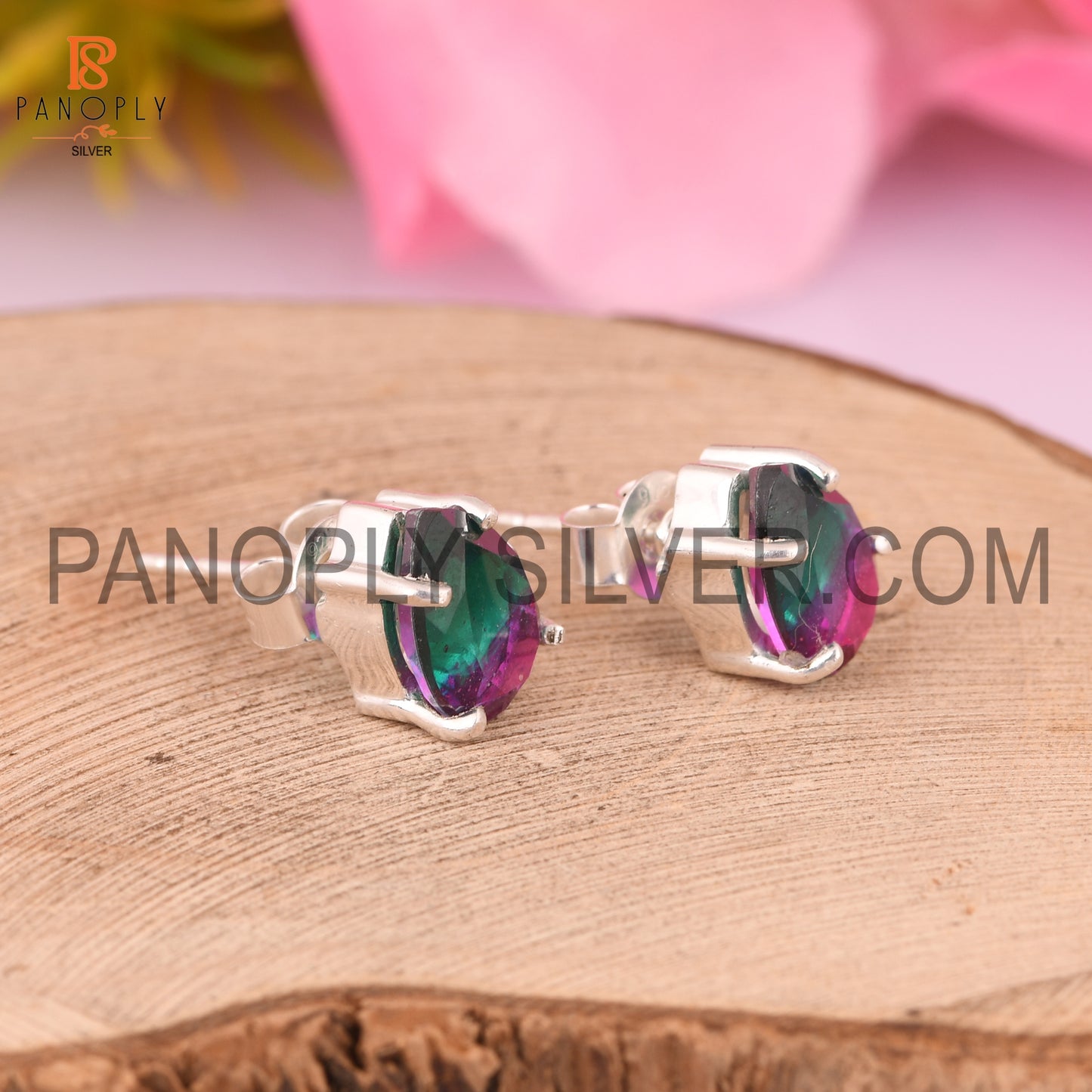 Doublet Stud Bio Tourmaline Pear 925 Silver Earrings