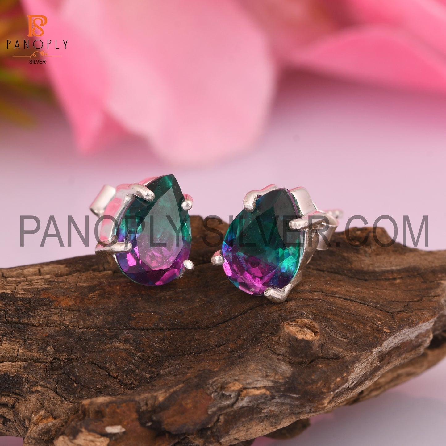 Doublet Stud Bio Tourmaline Pear 925 Silver Earrings