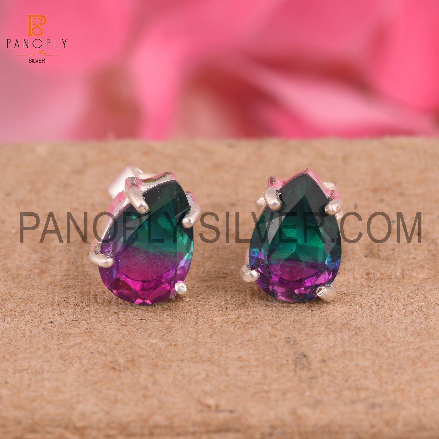 Doublet Stud Bio Tourmaline Pear 925 Silver Earrings