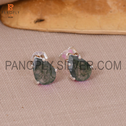 Moss Agate 925 Quality Genuine Gem Green Stud Earrings